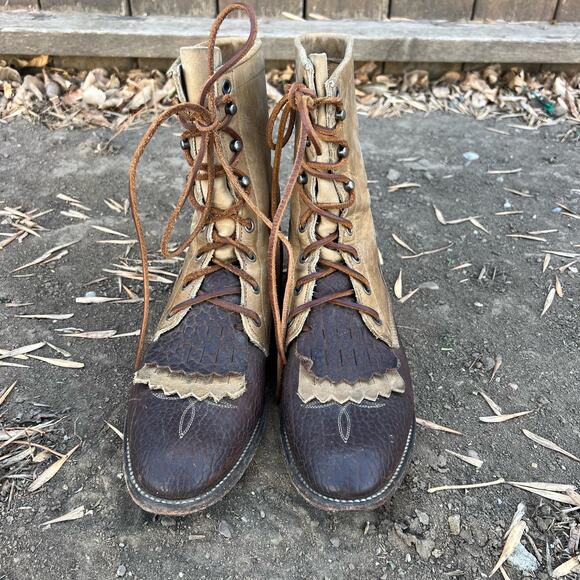 Justin Apache Brown Two Tone Roper Lace Up Cowgirl Boots 8B Style L353 - Picture 2 of 8